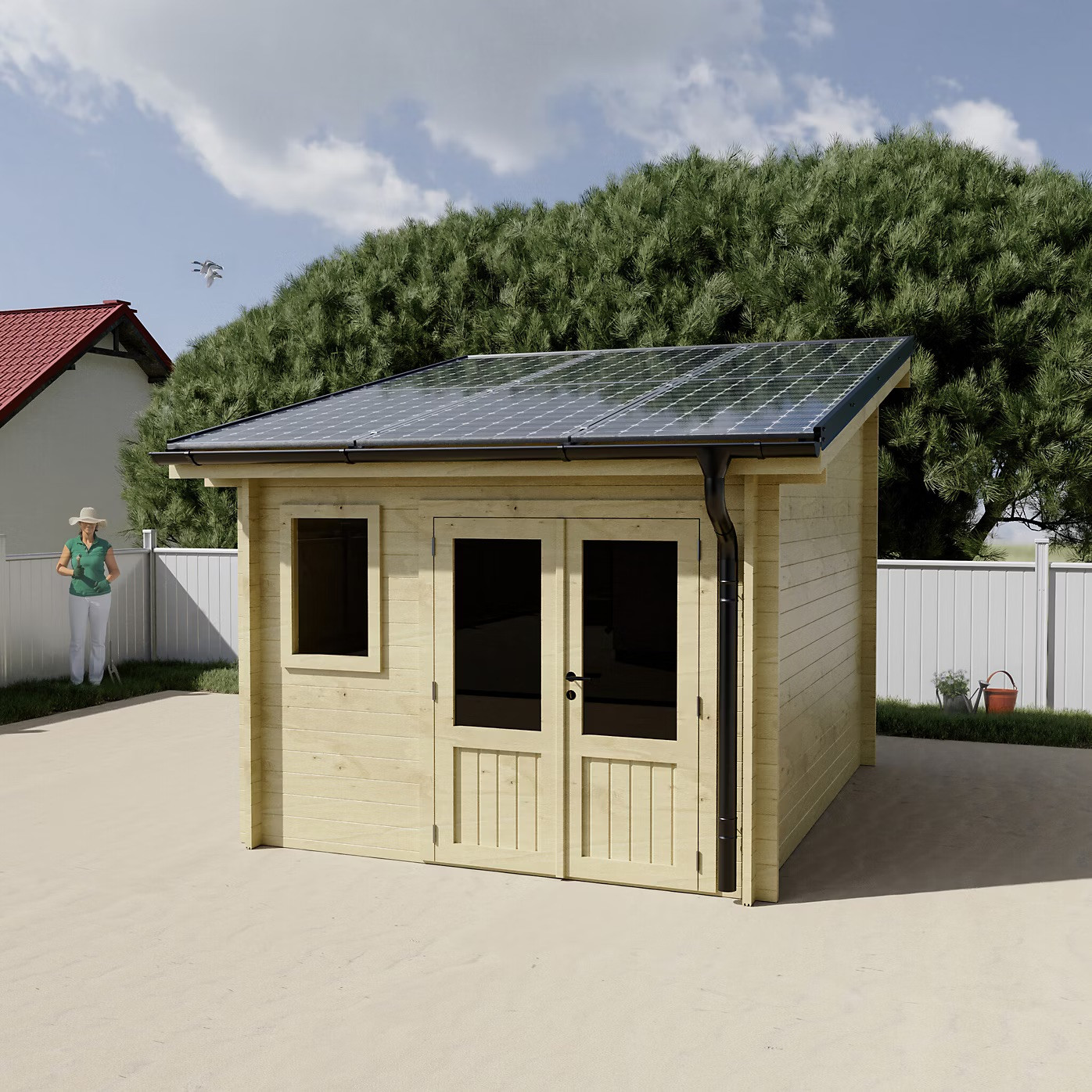 Abri de jardin bois massif monopente 9,77 m² - madriers 42 mm - kit photovoltaïque