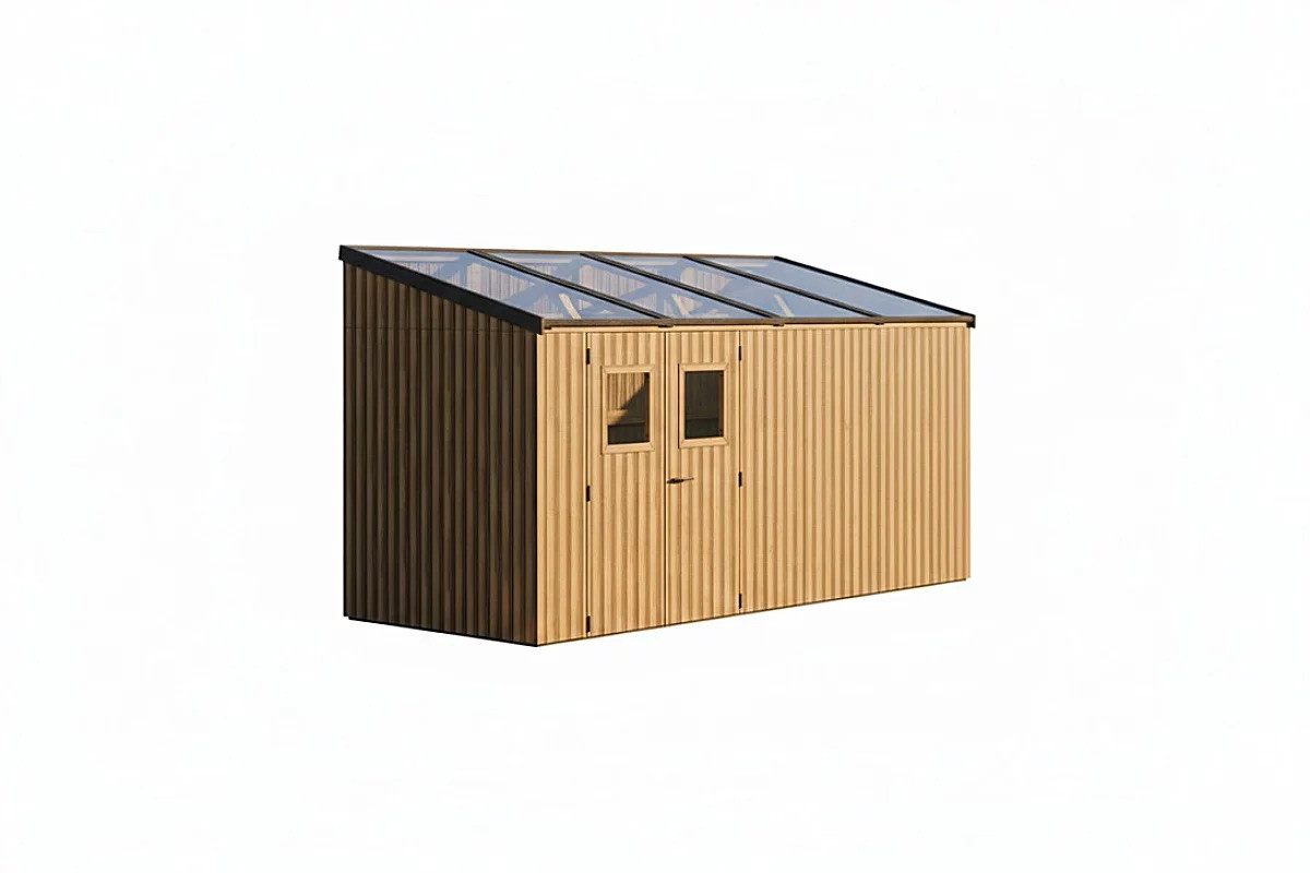 Abri de jardin bois thermochauffé monopente 8,87 m² - bardage 19 mm - kit photovoltaïque 2 kWc