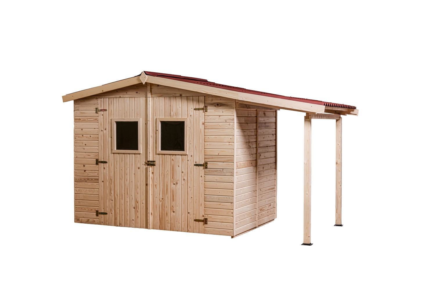 Abri Eden Double Pente - Épicéa Massif 16 mm - Plancher & Bûcher - Plaques Ondulées Bitumées