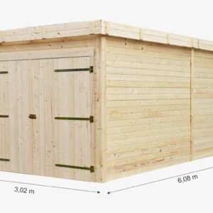 Garage bois massif 16,24 m² madriers 28 mm - toit acier - double porte