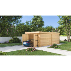 Garage bois massif 16,24 m² madriers 28 mm - toit polycarbonate - double porte