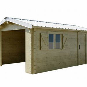 Garage bois massif 19,73 m² madriers 42 mm - toit shingles double pente
