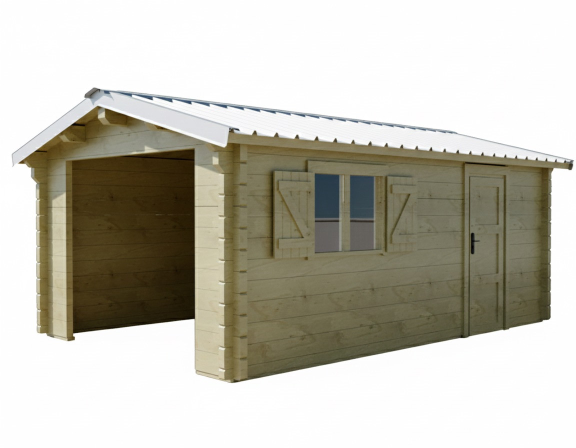 Garage bois massif 19,73 m² madriers 80 mm - toit shingles double pente - porte métallique