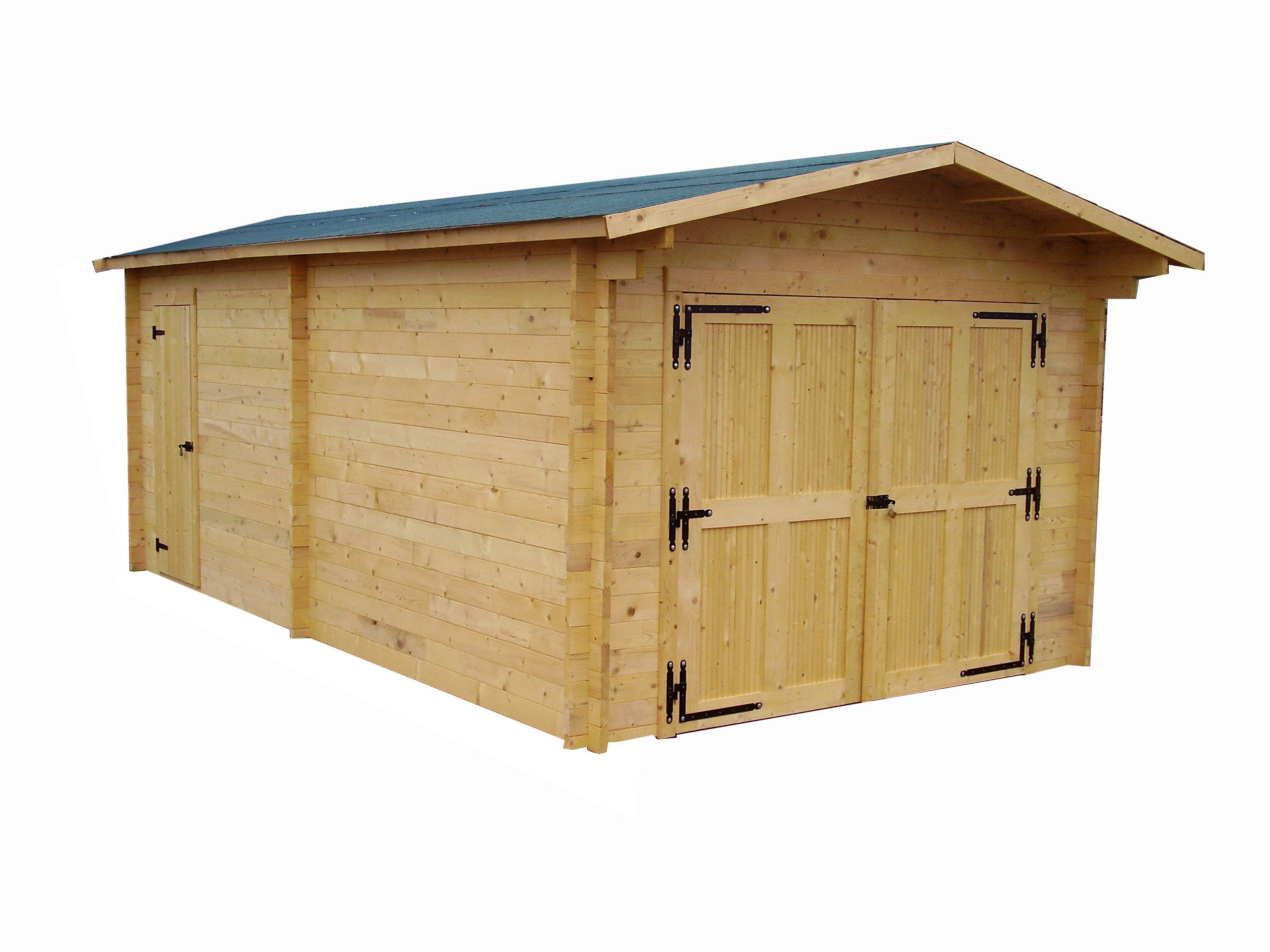Garage bois massif 21,7 m² madriers 42 mm - toit double pente feutre bitumé - porte en option