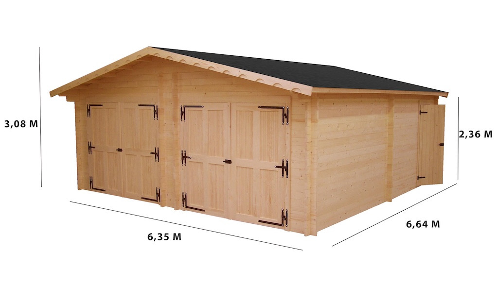 Garage bois massif double 38,44 m² madriers 60 mm - toit double pente ONDUCHAPE VV - portes métalliques