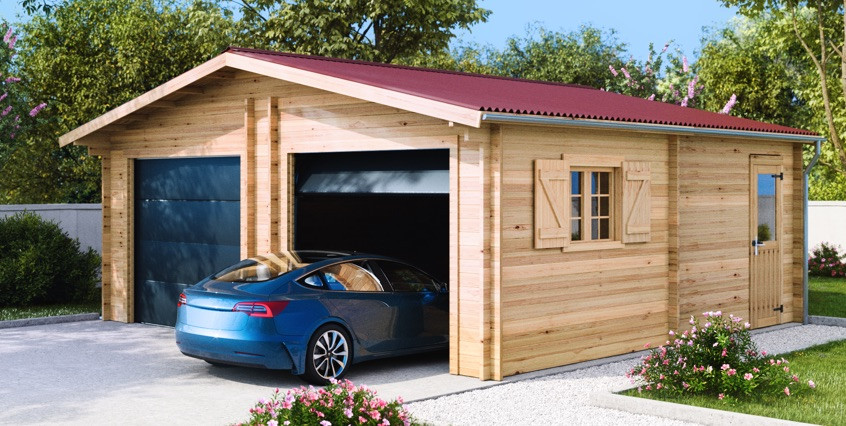 Garage bois massif double 38,44 m² madriers 60 mm - toit double pente ONDUCHAPE VV - portes sectionnelles motorisées