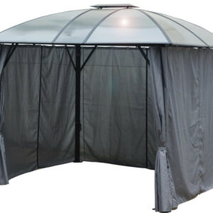 Gloriette aluminium avec rideaux - Toit 4 pentes - Gris anthracite - 10,80 m² - Toit polycarbonate anti-UV 6 mm