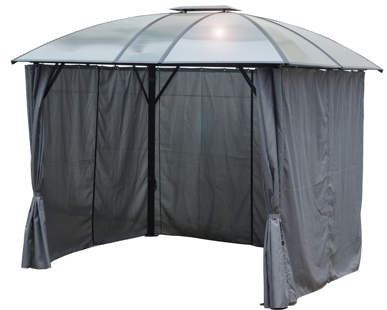 Gloriette aluminium avec rideaux - Toit 4 pentes - Gris anthracite - 10,80 m² - Toit polycarbonate anti-UV 6 mm
