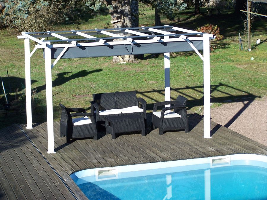 Pergola aluminium blanc perle - 12 m² - Poteaux 10x10 cm - Toile polyester gris 140 gr/m²