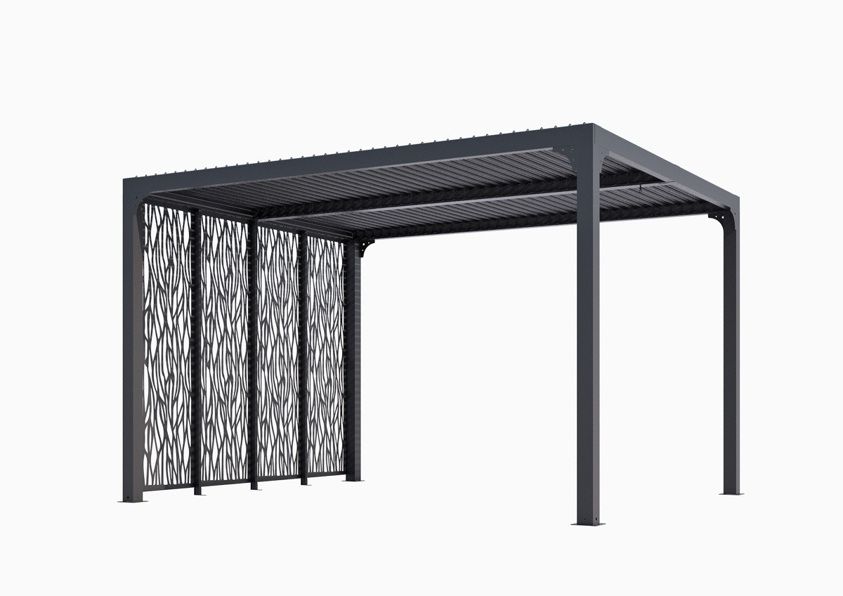 Pergola Bioclimatique Aluminium Gris Anthracite avec 4 Panneaux Moucharabieh - 10,80 m² - Lames Orientables Manuelles