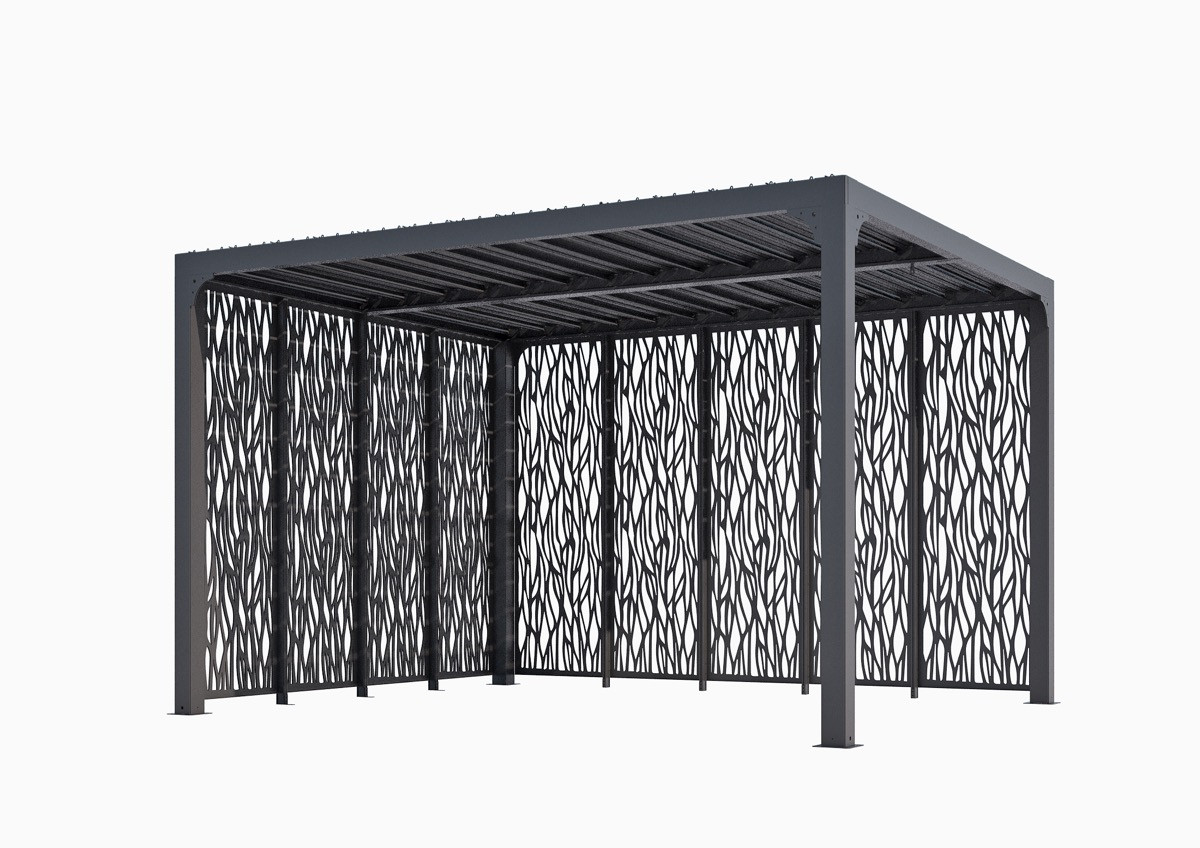 Pergola Bioclimatique Aluminium Gris Anthracite avec 9 Panneaux Moucharabieh - 10,80 m² - Lames Orientables Manuelles