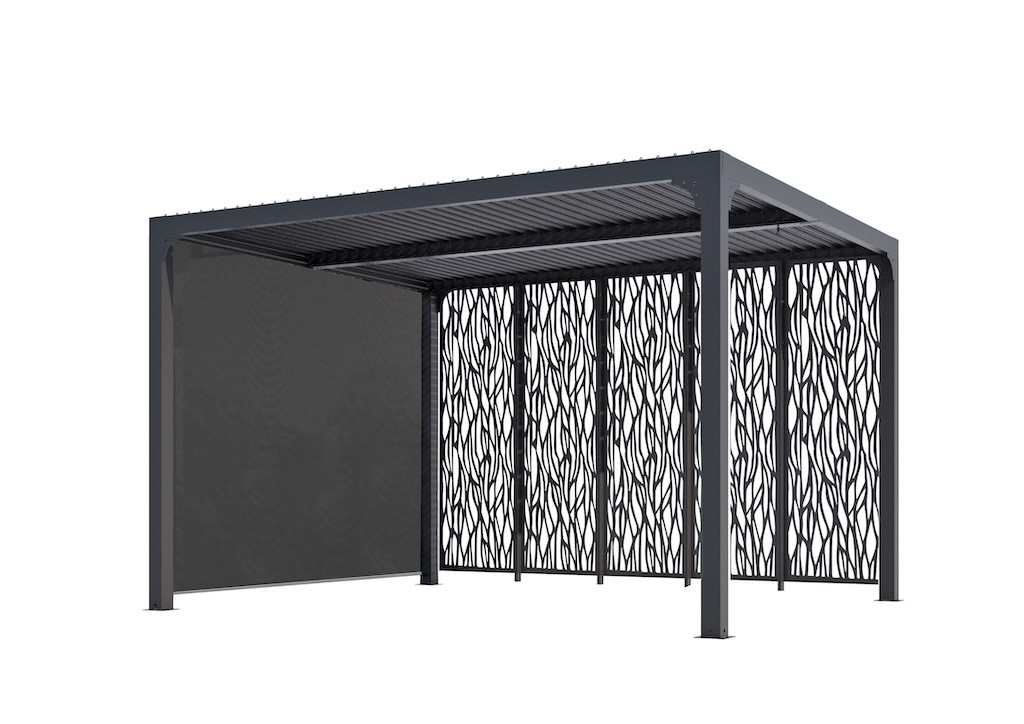Pergola Bioclimatique Aluminium Gris Anthracite avec Panneaux Moucharabieh et Rideau Latéral Manuel - 10,80 m² - Lames Orientabl
