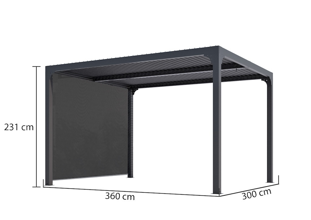Pergola Bioclimatique Aluminium Gris Anthracite avec Rideau Latéral Manuel - 10,80 m² - Lames Orientables Manuelles
