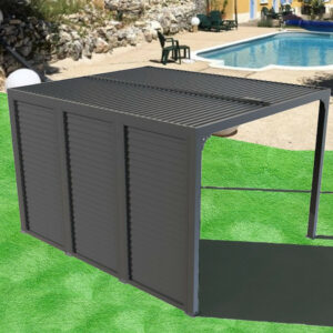 Pergola Bioclimatique Aluminium Gris Anthracite avec Ventelles Latérales Imitation Bois - 10,80 m² - Lames Orientables Manuelles