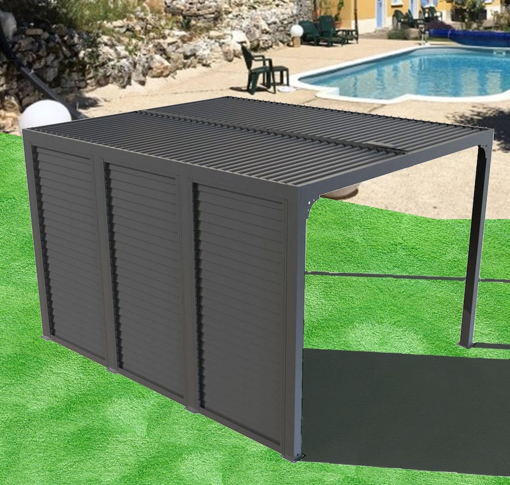 Pergola Bioclimatique Aluminium Gris Anthracite avec Ventelles Latérales Imitation Bois - 10,80 m² - Lames Orientables Manuelles
