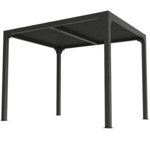 Pergola bioclimatique - Aluminium - Gris anthracite - Ventelles latérales mobiles imitation bois - 7,2 m²