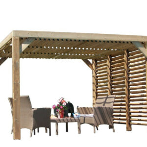 Pergola Thermauvent - Bois thermochauffé - Ventelles mobiles sur le toit et 1 paroi - Visserie inox - 3,41 x 3,13 m
