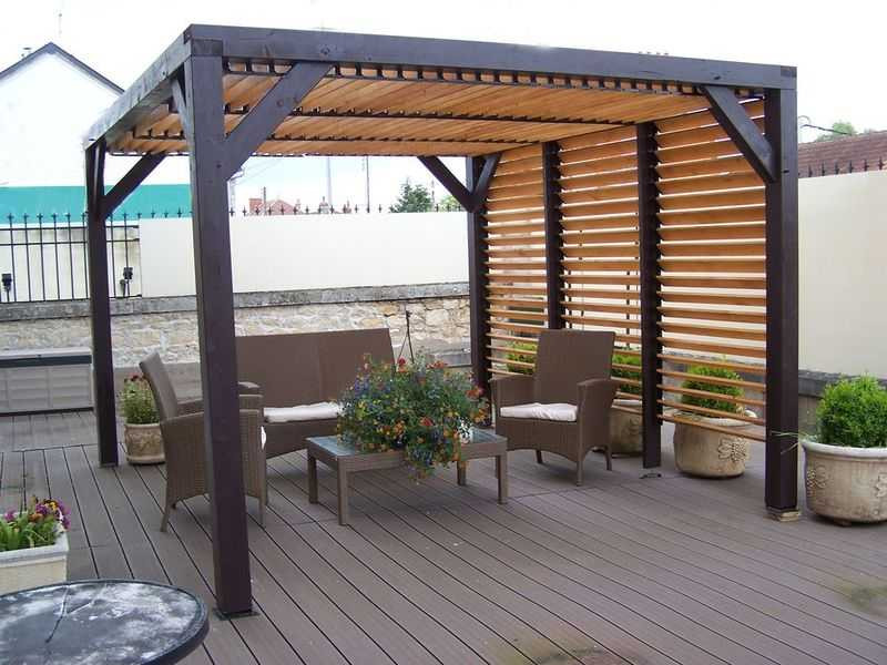 Pergola Veneto - 3,40 x 3,12 m - Sapin du Nord Contrecollé - Ventelles Mobiles sur le Toit et 1 Paroi
