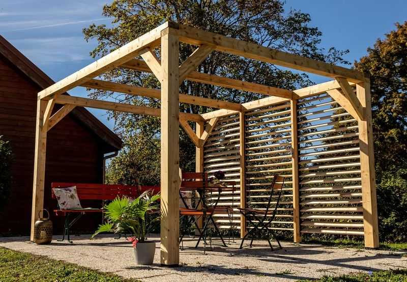 Pergola Veneto - 3,40 x 3,60 m - Sapin du Nord Contrecollé - Ventelles Mobiles sur 1 Paroi