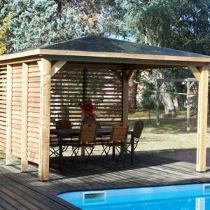 Pool house Blueterm bois thermochauffé 3,50 x 3,50 m - 2 parois avec ventelles mobiles