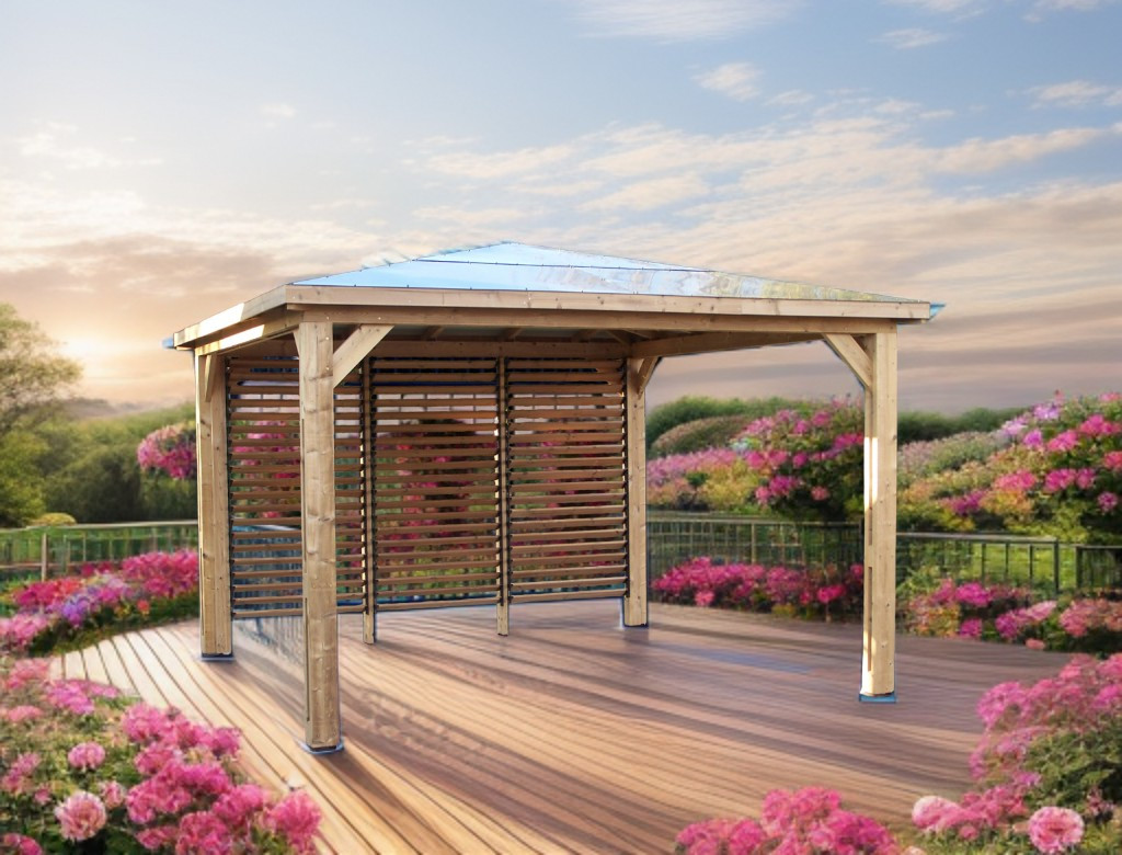 Pool house Blueterm bois thermochauffé 3,50 x 3,50 m - toiture ACP - ventelles orientables