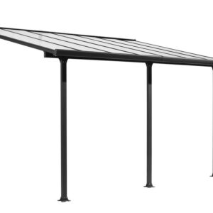 Toit terrasse aluminium gris anthracite - 15,38 m² - Panneaux polycarbonate anti-UV 6 mm - Rideau d'ombrage extensible - Toile p