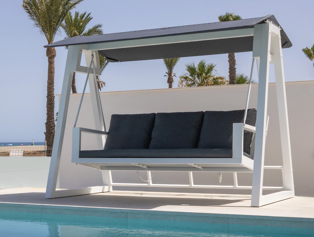 Balancelle de jardin TEO XL LUX - Aluminium finition blanc - Coussin tissu AZALEA - 3 places