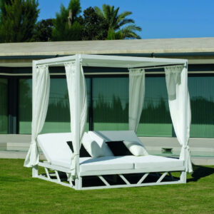 Balinaise bain de soleil double - BALINESA-210-C-CORTINAS-LUX - Aluminium blanc - Rideaux et toit textilène - 2 places