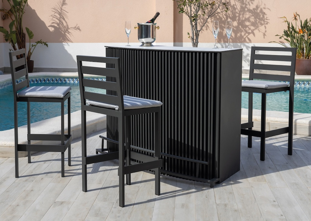 Bar de jardin DANTEL + 3 tabourets MARIBOR - Aluminium finition anthracite - Coussins LUX gris clair