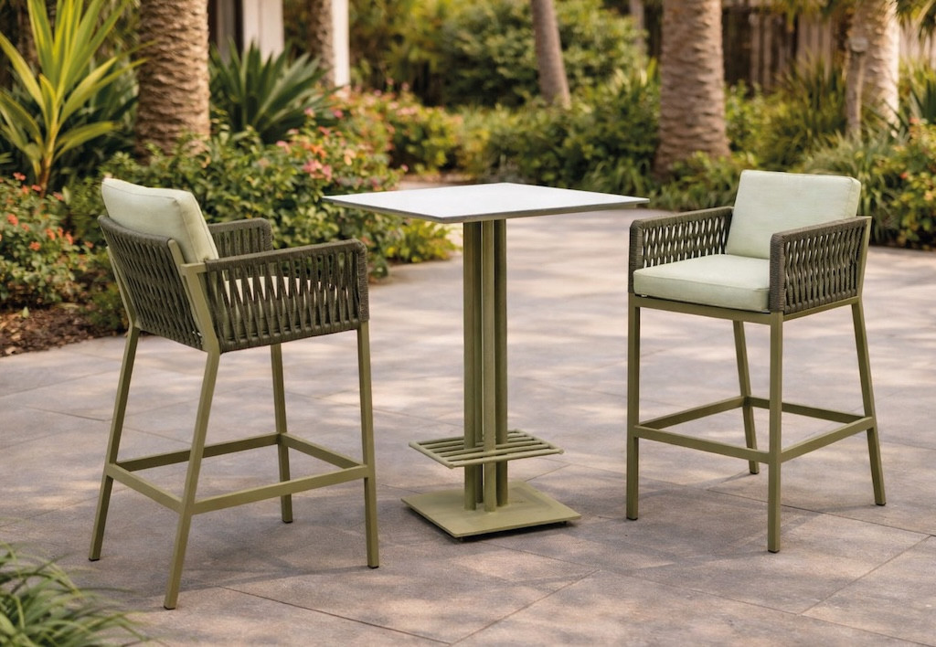 Ensemble bistrot bar - CANVAS CATANIA - Table haute - 2 tabourets bar avec coussins - Plateau HPL blanc - 2 places