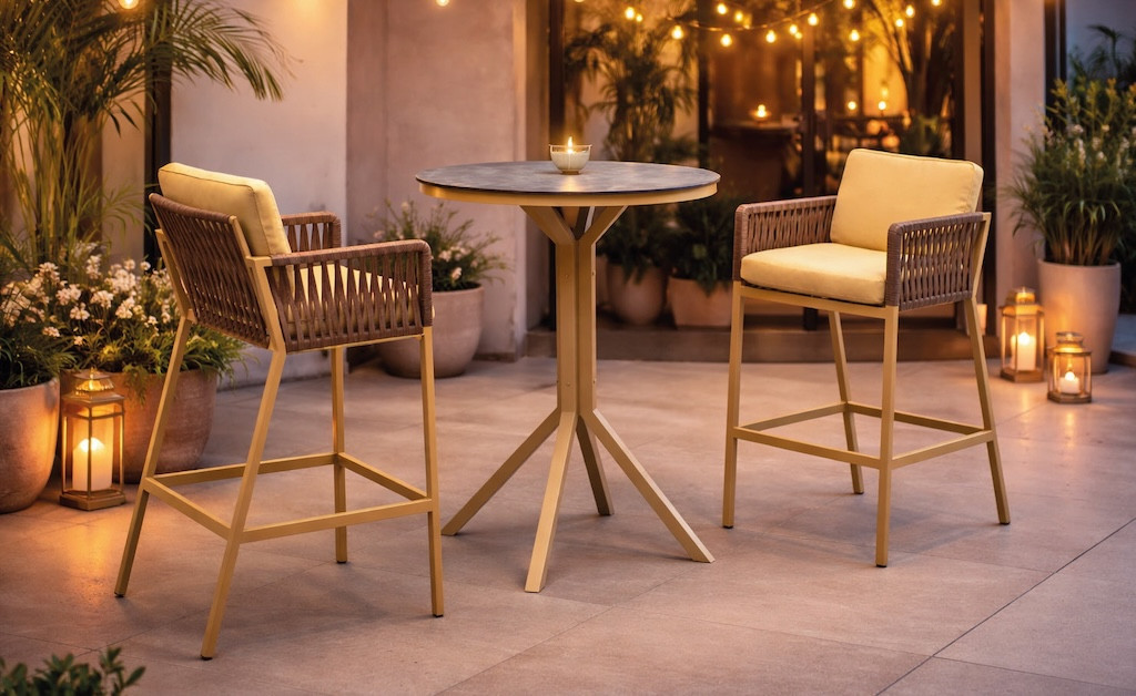 Ensemble bistrot bar - GIGLIO CATANIA - Table haute Ø80 cm et 2 tabourets bar avec coussins - Plateau HPL - 2 places