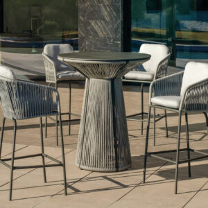 Ensemble bistrot bar - RODHOS TULIP - Table haute Ø90 cm et 4 tabourets avec coussins - Plateau HPL - 4 places