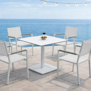 Ensemble bistrot de jardin - BRISOL MOASIS - Table carrée 80 × 80 cm et 4 fauteuils en textilène - Plateau HPL blanc - 4 places