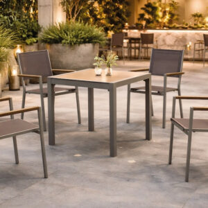 Ensemble bistrot de jardin - CORCEGA MOASIS - Table carrée 90 × 90 cm et 4 fauteuils en textilène - Plateau HPL Maderma - 4 plac