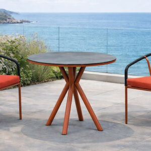 Ensemble bistrot de jardin - NEMUS Ø80 HPL ALDEREN-3 LUX - Table ronde HPL ardoise - Fauteuils avec coussins - 2 places