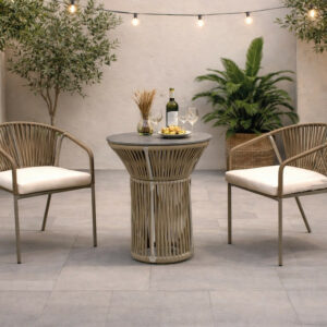 Ensemble bistrot de jardin - RODHOS ALDEREN - Table rond, 2 fauteuils avec coussins LUX - Plateau HPL effet marbre noir - 2 plac
