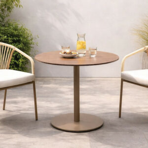 Ensemble bistrot de jardin - VASELIN Ø80 HPL ALDEREN-3 LUX - Plateau HPL effet bois - Fauteuils avec coussins - 2 places