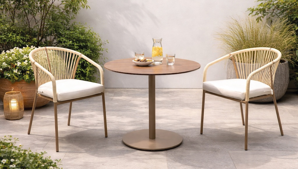Ensemble bistrot de jardin - VASELIN Ø80 HPL ALDEREN-3 LUX - Plateau HPL effet bois - Fauteuils avec coussins - 2 places