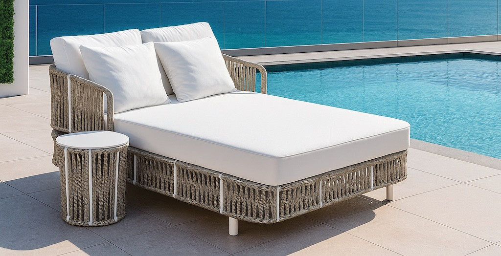Lit de jardin double avec table d’appoint - REINUS-CAMA-MESA LUX - Aluminium blanc et corde champagne - Coussins Liso blanc
