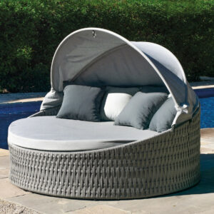 Lit de jardin rond double avec pare-soleil - TENERIFE-15 LUX - Aluminium anthracite et corde grise - Coussins gris clair