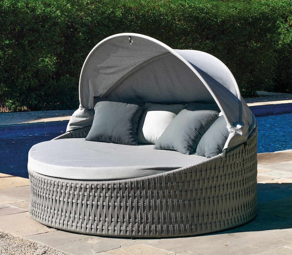 Lit de jardin rond double avec pare-soleil - TENERIFE-15 LUX - Aluminium anthracite et corde grise - Coussins gris clair