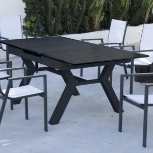 Salon à manger de jardin avec table extensible aluminium - SANTANIA-SIDNEY/6 - Finition anthracite - Assises textilène blanc - 6