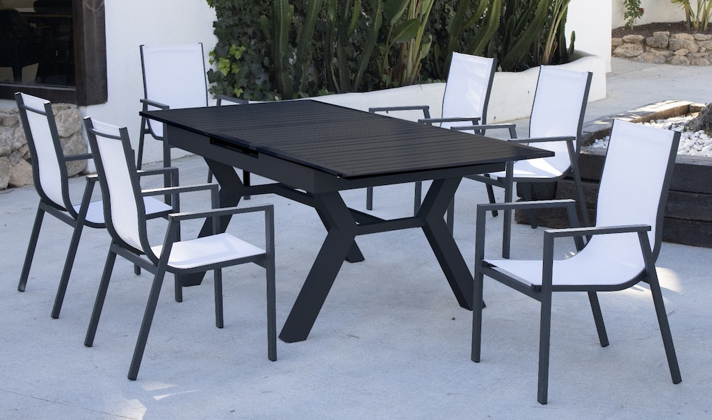 Salon à manger de jardin avec table extensible aluminium - SANTANIA-SIDNEY/6 - Finition anthracite - Assises textilène blanc - 6