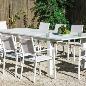 Salon à manger de jardin avec table extensible - CAMELIA ALU EXT 220-300 CORCEGA/10 - Finition blanc - Assises textilène blanc -