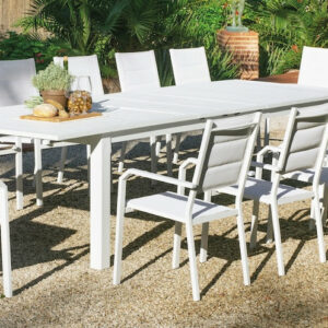 Salon à manger de jardin avec table extensible - ORINOCO ALU EXT PRISCILLA/8 - Finition blanc - Assises textilène blanc - 8 plac