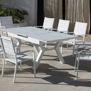 Salon à manger de jardin avec table extensible - SANTANIA-PRISCILLA/8 - Finition blanc avec plateau HPL Diva - Assises textilène