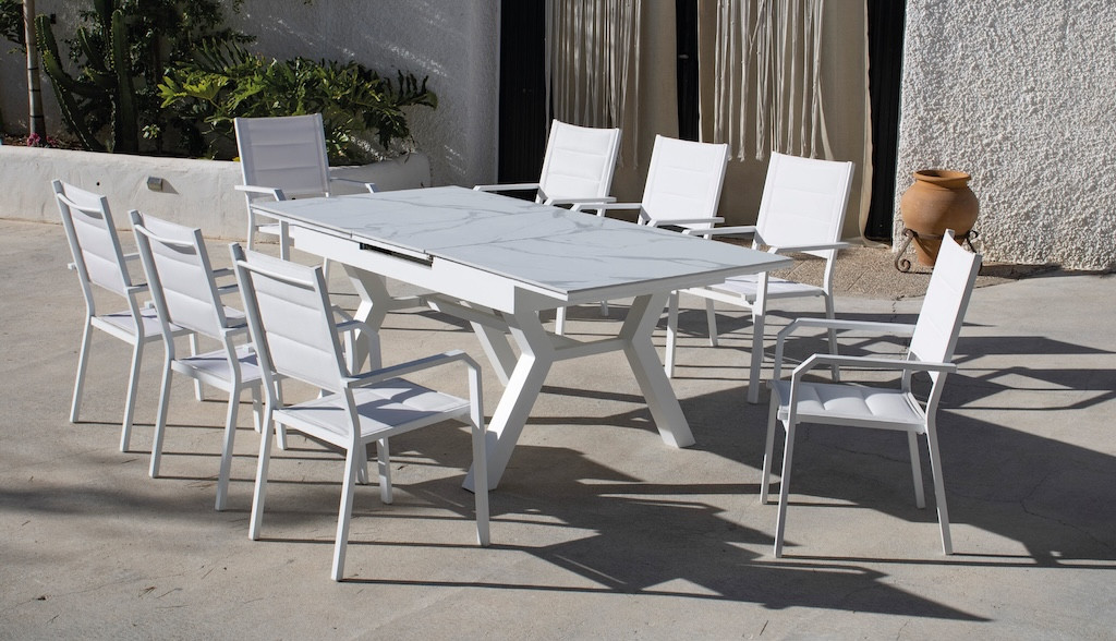 Salon à manger de jardin avec table extensible - SANTANIA-PRISCILLA/8 - Finition blanc avec plateau HPL Diva - Assises textilène
