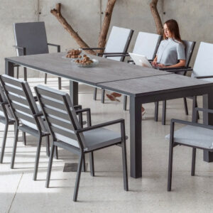 Salon à manger de jardin - BAIRON 200/275 HPL PALMA-3 LUX - Table extensible HPL - Fauteuils avec coussins complets - 10 places