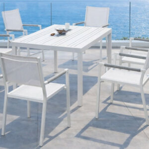 Salon à manger de jardin - NALOA 200 ALU MOASIS/6 - Table aluminium - Fauteuils textilène avec accoudoirs tressés - 6 places