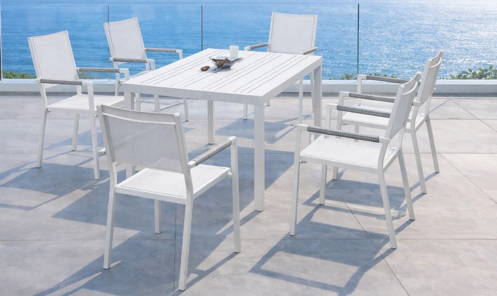 Salon à manger de jardin - NALOA 200 ALU MOASIS/6 - Table aluminium - Fauteuils textilène avec accoudoirs tressés - 6 places